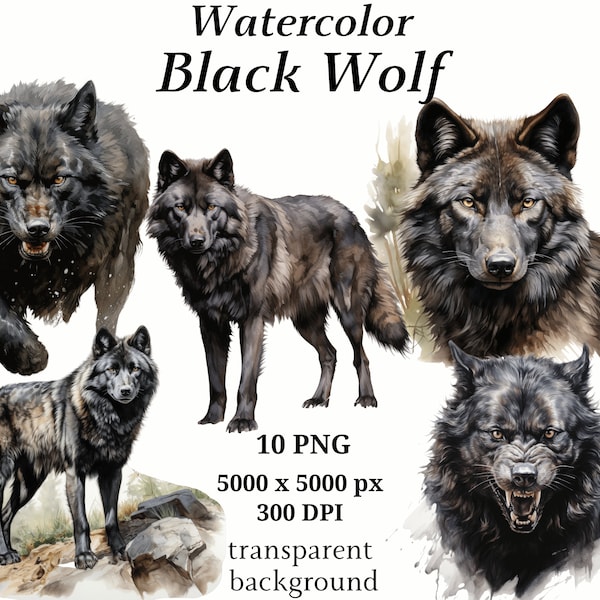 Black Wolf Clipart - 10 High Quality PNGs, Card Making, Clip Art, Wolf Print, Printable Graphics, Scrapbooking, Digital Paper Craft | #1218