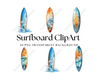 Imágenes prediseñadas de tabla de surf, 10 PNG de alta calidad, arte de acuarela, descarga digital, creación de tarjetas, técnica mixta, artesanía de papel, imágenes prediseñadas del océano / #999
