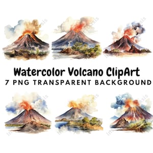 Watercolor Volcano Clipart, 7 High Quality PNGs, Volcano Clipart, Watercolor, Card Making, Journaling, Digital Download | #890