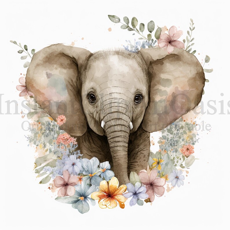 Pu&ograve; includere: Un dipinto ad acquerello di un elefante bambino con grandi orecchie, circondato da una ghirlanda di fiori colorati. L'elefante ha un corpo marrone chiaro e una proboscide grigia. I fiori sono in tonalit&agrave; di rosa, blu, giallo e arancio.
