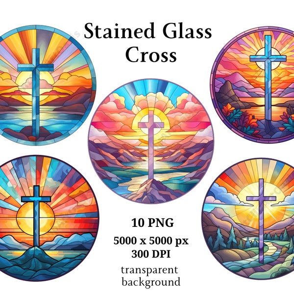 Stained Glass Cross Clipart, 10 High Quality PNGs, Digital Download, Cross Clipart, Card Making, Digital Paper Craft #908