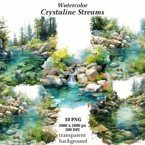 Crystalline Streams ClipArt, 10 PNG de alta calidad, Arte en acuarela, Descarga digital, Fabricación de tarjetas, Técnica mixta, Artesanía en papel digital / #1320