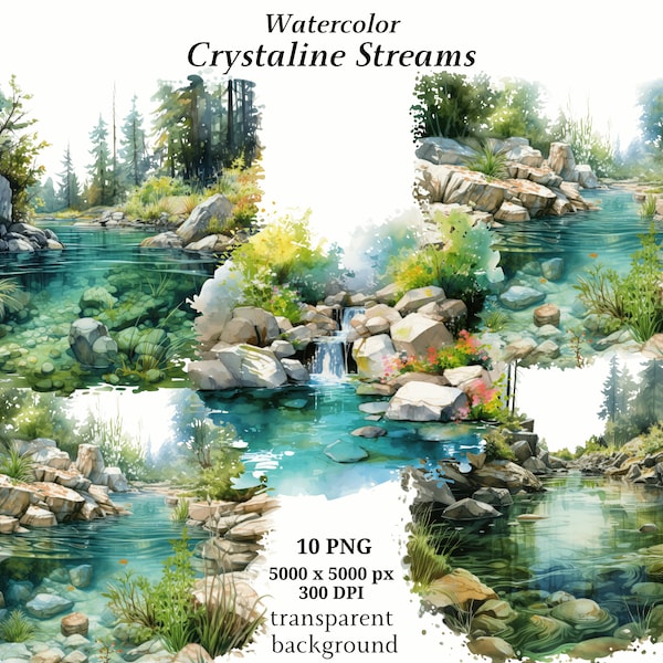 Crystalline Streams ClipArt, 10 High Quality PNGs, Watercolor Art, Digital Download, Card Making, Mixed Media, Digital Paper Craft | #1320