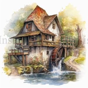 Clipart mulino ad acqua, 10 JPG di alta qualità, arte dell'acquerello, download digitale, creazione di cartoline, supporti misti, creazione di carta digitale / #484