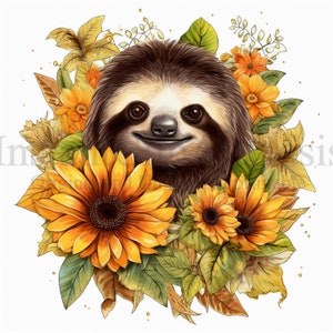 Sunflower Sloth Clipart, 10 High Quality JPGs, Nursery Art, Digital Planner, Watercolor, Card Making, Journaling, Digital Download 551 image 1