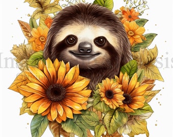 Sunflower Sloth Clipart, 10 High Quality JPGs, Nursery Art, Digital Planner, Watercolor, Card Making, Journaling, Digital Download | #551