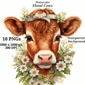 Floral Cows Clipart, 10 High Quality PNGs, Nursery Art | Card Making, Clip Art, Cute Cow, Digital Paper Craft, Watercolour Painting #1394