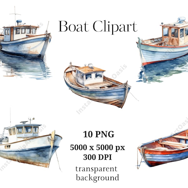 Boat Clipart, 10 High Quality PNGs, Watercolor Art, Digital Download, Card Making, Mixed Media, Digital Paper Craft, Boat Images | #1146