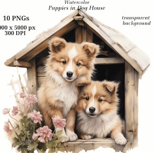 Puppy's in hondenhuis clipart, 10 hoogwaardige PNG's, digitale download, aquarel puppies, kaart maken, decoupage, scrapbooking #1384