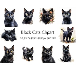 Watercolor Black Cats Clipart, 10 High Quality JPGs, Nursery Art | Card Making, Cat Print, Digital Paper Craft | #823