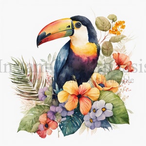 May include: A watercolor painting of a toucan with a colorful beak, perched on a bed of tropical flowers and leaves. The toucan is blue, yellow, and red, and the flowers are pink, orange, and yellow.