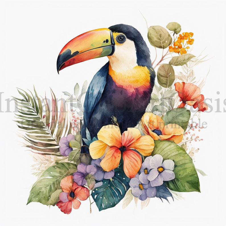May include: A watercolor painting of a toucan with a colorful beak, perched on a bed of tropical flowers and leaves. The toucan is blue, yellow, and red, and the flowers are pink, orange, and yellow.