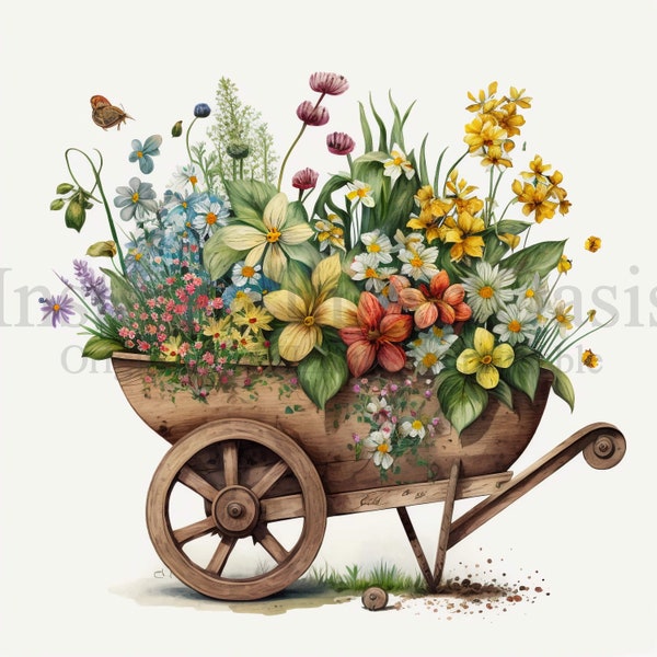 Wheelbarrow with Flowers Clipart, 10 High Quality JPGs, Floral Art, Instant Digital Download | Card Making, Digital Paper Craft | #368