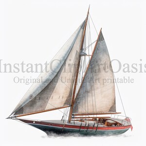 K&ouml;nnte beinhalten: Ein Vintage-Segelschiff mit zwei Segeln, einem Holzrumpf und einem roten Streifen am Boden. Die Segel sind hellgrau und das Boot segelt auf wei&szlig;em Hintergrund.