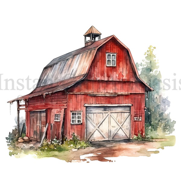 Red Barn Clipart, 10 High Quality JPGs, Watercolor Art, Digital Download, Card Making, Mixed Media, Digital Paper Craft | #676