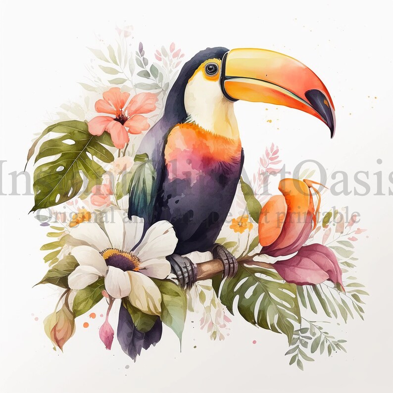 May include: A watercolor painting of a toucan perched on a branch with tropical flowers and leaves. The toucan has a bright orange beak and colorful feathers.