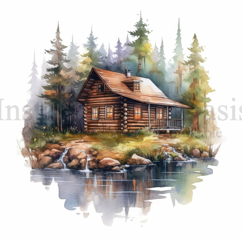 Image result for Watercolor Stream Cabin Clipart, 10 High Quality Jpgs, Digital Download ...