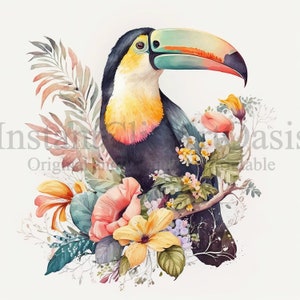 May include: A watercolor painting of a toucan with a yellow and black beak, perched on a branch with colorful flowers. The toucan is surrounded by green leaves and pink, yellow, and white flowers.
