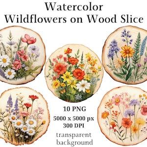 Wilde bloemen op hout segment clipart - 10 hoge kwaliteit PNG's, digitale download, aquarel wilde bloemen, afdrukbare afbeeldingen, journaling | #1174