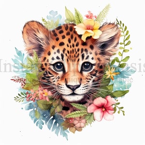 Floral Leopards Clipart, 10 High Quality JPGs, Nursery Art, Digital Planner, Watercolor, Card Making, Journaling, Digital Download | #572
