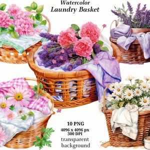 Laundry Basket Clipart, 10 High Quality PNGs, Watercolor Art, Digital Download, Card Making, Mixed Media, Digital Paper Craft | #1372