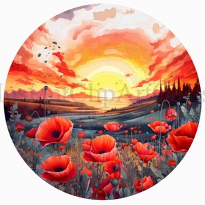 Sunset Poppy Fields ClipArt, 10 JPG de haute qualité, Art de l'aquarelle, Téléchargement numérique, Fabrication de cartes, Mixed Media, Digital Paper Craft | #539