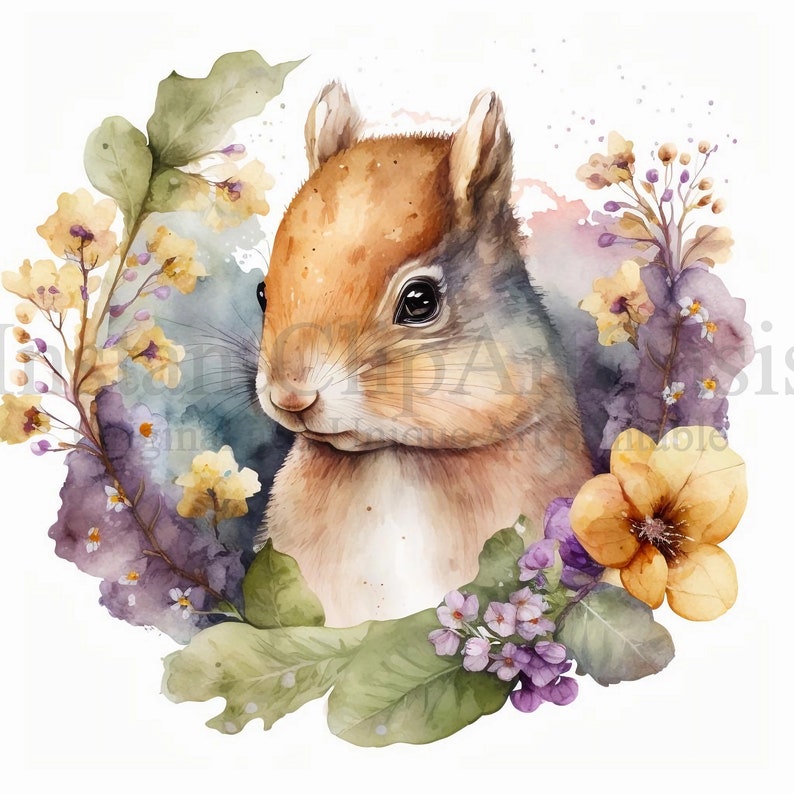 Floral Squirrels Clipart, 10 High Quality JPGs, Nursery Art, Digital Planner, Watercolor, Card Making, Journaling, Digital Download | #85 image 9