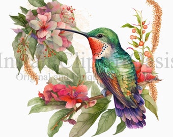 May include: A vibrant hummingbird with green, red, and blue feathers perches on a branch with pink and red flowers. The background is white.