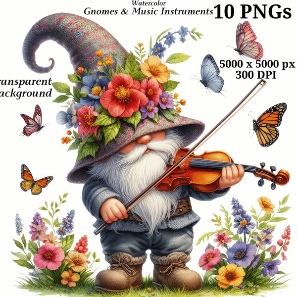 Gnomes with Music Instruments Clipart, 10 High Quality PNGs, Nursery Art, Digital Download, Card Making, Cute Gnome, Paper Craft #1449