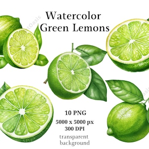 Watercolor Green Lemon Clipart, 10 High Quality PNGs, Digital Download, Journaling, Card Making, Digital Paper Craft #909