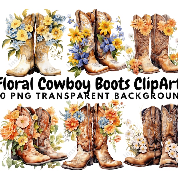 Floral Cowboy Boots Clipart, 10 High Quality PNGs Transparent Background, Digital Download | Card Making, Digital Paper Craft #900