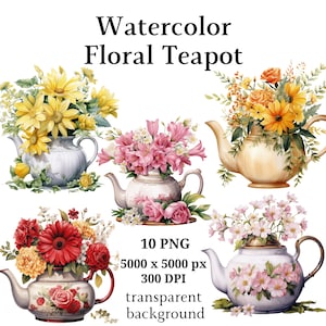 Clipart teiera floreale, 10 PNG di alta qualità, pianificatori digitali, diari spazzatura, download digitale, libri di memoria, album di ritagli #1069