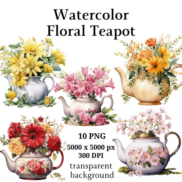 Floral Teapot Clipart, 10 High Quality PNGs, Digital Planners, Junk Journals, Digital Download, Memory Books, Scrapbooks #1069
