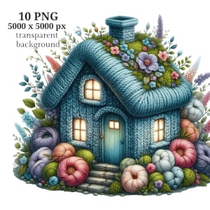 Gestricktes kleines Haus Clipart, 10 hochwertige PNGs, Kinderzimmer Kunst, digitaler Download, Kartenherstellung, Strickhaus Clipart, Papiermodell #1455