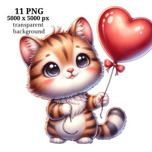 Chat avec des cliparts coeur, 11 images PNG de haute qualité, téléchargement numérique, fabrication de cartes, des cliparts de chats, créations numériques en papier, clipart chaton | #1457