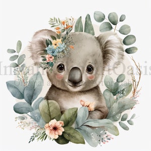 Floral Koalas Clipart, 10 hochwertige JPGs, Kinderzimmer Kunst, digitaler Planer, Aquarell, Kartenherstellung, Journaling, digitaler Download | #377