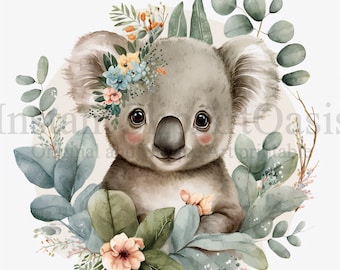 Floreale Koala Clipart, 10 JPG di alta qualità, Nursery Art, Digital Planner, Acquerello, Creazione di carte, Journaling, Download digitale / #377