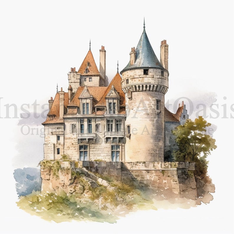 May include: A watercolor painting of a stone castle with a tall tower and a pointed roof. The castle is perched on a cliff overlooking a green valley. The painting is done in a realistic style with a focus on detail.