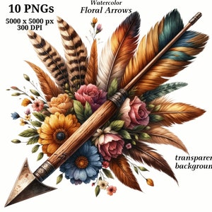 May include: A watercolor illustration of a floral arrow with brown, orange, and teal feathers. The arrow is surrounded by a bouquet of flowers in shades of pink, yellow, orange, and blue. The arrowhead is pointed and metallic.