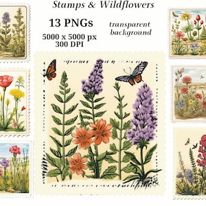 Stempel & Wildblumen - 13 hochwertige PNGs, digitaler Download, Kartenherstellung, Journaling, Scrapbooking, digitales Papierhandwerk, Briefmarken | #1400
