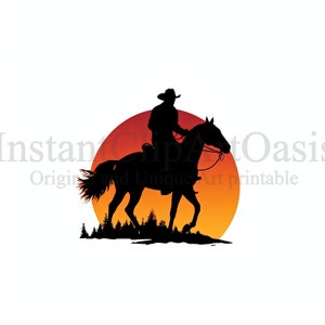 Puede incluir: Silueta de un vaquero montando un caballo sobre un fondo de puesta de sol. El vaquero lleva un sombrero y el caballo está corriendo. La puesta de sol es naranja y roja.
