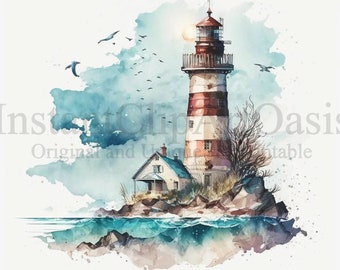 Lighthouse Clipart, 10 High Quality JPGs, Watercolor Art, Digital Download, Card Making, Mixed Media, Digital Paper Craft | #72