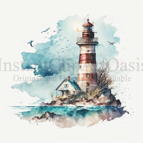 Lighthouse Clipart, 10 High Quality JPGs, Watercolor Art, Digital Download, Card Making, Mixed Media, Digital Paper Craft | #72