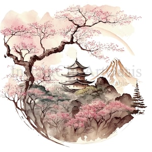 Clipart paesaggistico giapponese, 10 PNG di alta qualità, Arte dell'acquerello, Download digitale, Creazione di cartoline, Supporti misti, Creazioni con carta digitale / #109