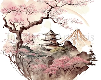 Könnte beinhalten: Ein Aquarellbild einer japanischen Landschaft mit einem Pagodentempel, Kirschblütenbäumen und einem Berg im Hintergrund.