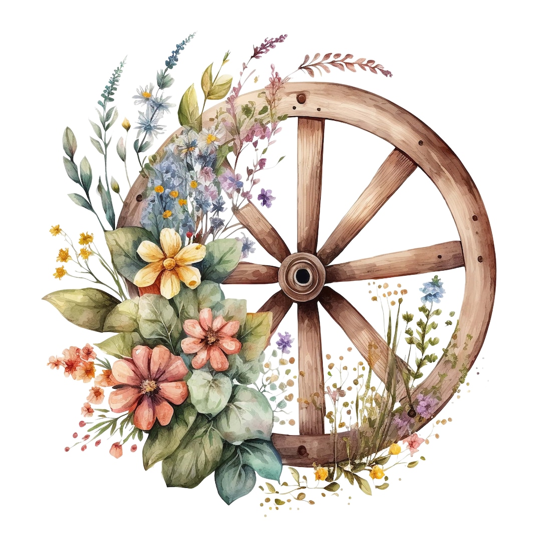 Wooden Wheels Clipart, 10 High Quality Pngs, Floral Art, Instant