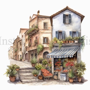 Italian Village Streets Clipart, 10 JPG de alta calidad, Arte de acuarela, Descarga digital, Fabricación de tarjetas, Técnica mixta, Arte de papel digital #491