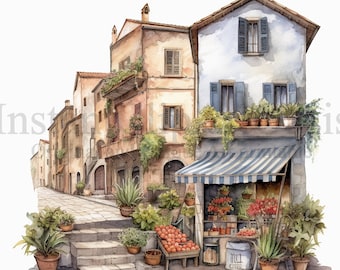 Italian Village Streets Clipart, 10 High Quality JPGs, Watercolor Art, Digital Download, Card Making, Mixed Media, Digital Paper Craft #491