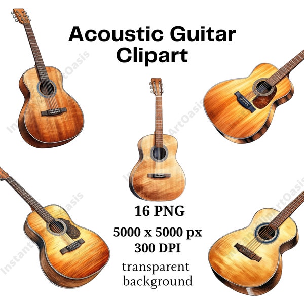 Acoustic Guitar Clipart, 16 High Quality PNGs, Nursery Art, Digital Download | Card Making, Guitar Clipart, Digital Paper Craft | #1120