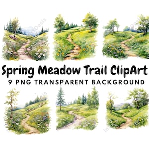 Könnte beinhalten: Neun Aquarell-Illustrationen eines gewundenen Weges durch eine Frühlingswiese. Der Weg ist mit Wildblumen und Bäumen gesäumt. Die Illustrationen sind auf transparentem Hintergrund.